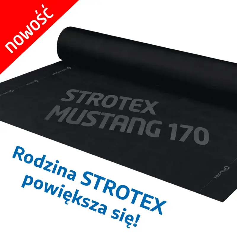 Wysokoparoprzepuszczalna czterowarstwowa membrana dachowa STROTEX MUSTANG o gramaturze 170 g/m² w rolce 1,5×50 mb, z ciemnym spodem. Paroprzepuszczalność Sd 0,0...