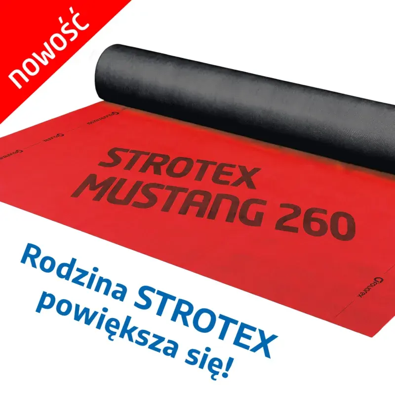 STROTEX MUSTANG w gramaturze 260 g/m² to wysokoparoprzepuszczalna membrana dachowa w rolce 1,5×50 mb o paroprzepuszczalności Sd 0,16 m. Wodoszczelność klasy W1,...